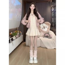 批发胡萝卜假两件耳朵粉色皮衣<b class='q'>套装</b>裙新款韩系绝美高级粉色显瘦遮肉