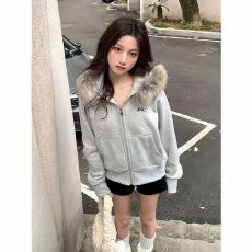 批发华棉复合牛奶丝--银狐绒 美式连帽卫衣修身短款开衫拉链外套