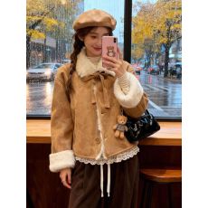 批发加绒麂皮绒外套女短款冬季新款高级洋气羊羔毛皮毛一体毛绒外套