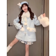 批发2025新款韩系高级感蓝色短款毛呢外套女秋冬季小个子加厚呢子<b class='q'>大</b>衣