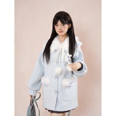 批发富家千金感蓝色毛领牛角扣毛呢外套女秋冬小个子中长款呢子<b class='q'>大</b>衣