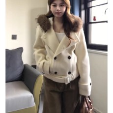 批发毛领<b class='q'>短款</b>毛呢外套女秋冬季高级感双排扣收腰加厚保暖呢子连帽大衣