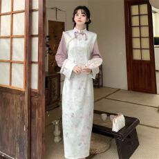 批发中式国风加绒改良复古禅意新款旗袍收腰加厚气质连衣裙