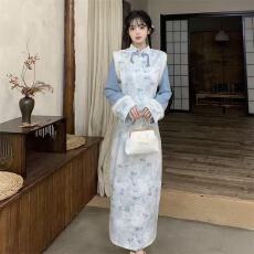 批发中式国风加绒改良复古禅意新款旗袍收腰加厚气质连衣裙