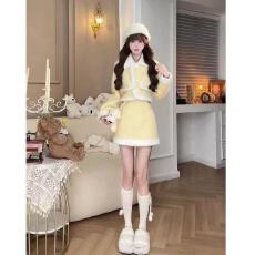 批发(拉链+带里布）新款2024雪松小香风秋冬高级黄色小香短外套两件套