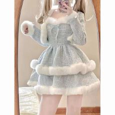 批发小个子绝美时尚套装秋冬新款毛毛拼接蓬蓬裙吊带裙+短款蓝色外套