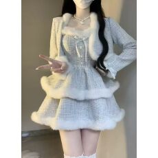 批发小香风<b class='q'>甜美</b>毛绒拼接短外套女秋冬富家千金洋气收腰吊带蓬蓬裙套装