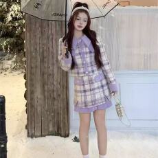 批发新款气质秋冬外套小众时尚长袖香风两件套短裙加厚套装