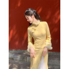 批发复古风新中式黄色改良版旗袍新款冬季年轻款超气质高端连衣裙