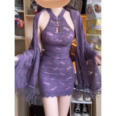 批发秋冬新款纯欲风紫色辣妹套装披肩开衫蕾丝镂空挂脖<b class='q'>旗袍</b>连衣裙