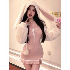 微胖mm甜辣风兔耳外套女冬季纯欲包臀连衣裙套装
