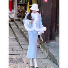 良辰美景 冬季新中式国风套装女毛毛拼接外套半身裙毛呢两件套