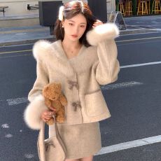 小个子富家千金miu系穿搭小香风毛呢外套半身短裙两件套装女秋冬