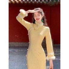 批发复古风新中式黄色改良版旗袍新款冬季年轻款超气质高端连衣裙