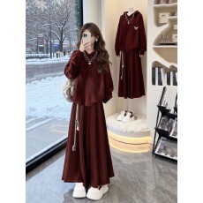 批发一整套高腰红色半身裙+连帽针织毛衣时尚减龄<b class='q'>两件套</b>装