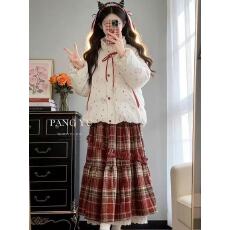 批发韩版绝美保暖百搭满印兔子棉服外套女冬季高腰新年红色格纹半身<b class='q'>裙</b>