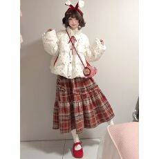 批发韩版绝美保暖百搭满印兔子棉服外套女冬季高腰新年红色格纹半身<b class='q'>裙</b>