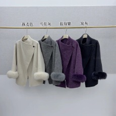 批发狐狸毛袖系带中长款双面羊毛大衣加厚简约气质羊毛呢子外套腰带