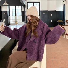 批发紫色贵气感双面呢羊毛呢子大衣女秋冬2025新款韩系复古时髦短外套