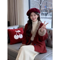 批发红色毛绒v领毛呢外套女款富家千金感<b class='q'>冬</b>装超好看时尚百搭呢子外套