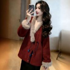 批发红色毛绒v领毛呢外套女款富家千金感冬装超好看时尚百搭呢子大衣
