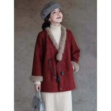 批发红色毛绒v领毛呢<b class='q'>外套</b>女款富家千金感冬装超好看时尚百搭呢子大衣