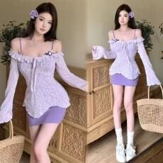 批发紫色吊带连衣裙女夏季纯欲性感包臀小妈裙显身材抹胸裙子绝美<b class='q'>套装</b>