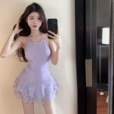 批发纯欲风<b class='q'>挂</b><b class='q'>脖</b>露背蕾丝拼接吊带裙小个子修身显瘦荷叶边百褶<b class='q'>连衣裙</b>女