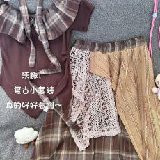 批发法式复古一字肩格子短袖上衣女学生春夏新款<b class='q'>不规则</b><b class='q'>半身裙</b>两件套装