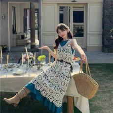 批发【浮生半日】女夏季新款复古镂空蕾丝钩花吊带连衣裙套装罩衫古着