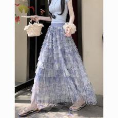 批发扎染蓝色<b class='q'>网纱</b>半身纱裙女春夏2026新款超仙层层百褶蓬蓬中长蛋糕裙