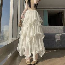 批发2026年春夏设计感不规则木耳边拼接<b class='q'>网纱</b>蓬蓬a字蛋糕仙女半身裙