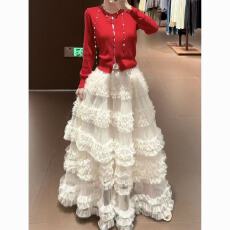 批发木耳边网纱蛋糕裙女2026秋冬新款<b class='q'>日系</b>杏色半身裙仙女长裙