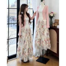 批发新款温柔韩系针织粉色开衫吊带背心碎花高腰半身裙<b class='q'>网纱</b>