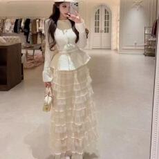 批发快手网红同款套装气质荷叶边收腰针织上衣+高腰<b class='q'>网纱</b>蛋糕裙两件套