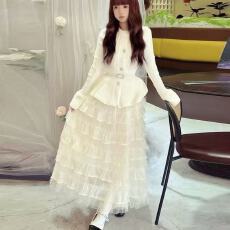 批发快手网红同款套装气质荷叶边收腰针织上衣+高腰<b class='q'>网纱</b>蛋糕裙两件套