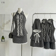 批发波点气质无袖千金夏季甜美套装瘦两件套短裙设计修身上衣半裙套装