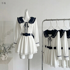 批发航海梦想家 秋季学院风显瘦设计感长袖连衣裙甜美海军领短裙套装