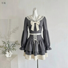 批发秋冬年春季新款学院风蝴蝶结海军领上衣高腰半裙套装