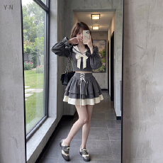 批发秋冬年春季新款学院风蝴蝶结海军领上衣高腰半裙套装