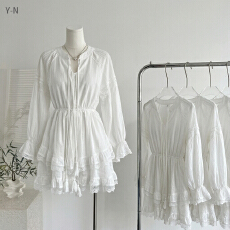 批发<b class='q'>白色</b>超仙收腰显瘦长袖连衣裙女春秋季蓬蓬蛋糕裙气质甜美小白裙子