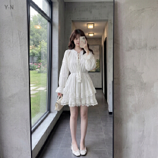 批发<b class='q'>白色</b>超仙收腰显瘦长袖连衣裙女春秋季蓬蓬蛋糕裙气质甜美小白裙子