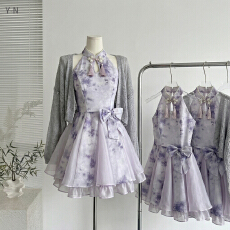 批发新中式国风梦幻紫印花旗袍裙<b class='q'>秋装</b>新款白月光氛围感套装