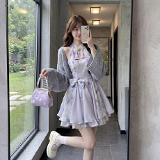 批发新中式国风梦幻紫印花旗袍裙<b class='q'>秋装</b>新款白月光氛围感套装