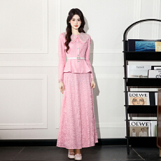 批发外贸 新款<b class='q'>时尚</b>重工钉珠收腰显瘦长袖两件套蕾丝<b class='q'>连衣裙</b>