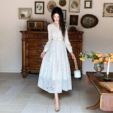 外贸法式高级感长裙子显瘦长袖蕾丝连衣裙送腰带