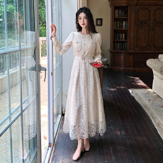 批发外贸法式蕾丝连衣裙女秋装新款重工领气质晚礼服长裙
