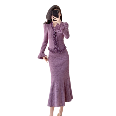 十三行品质 名媛V领长袖木耳边蕾丝小衫修身性感半身裙套装5323