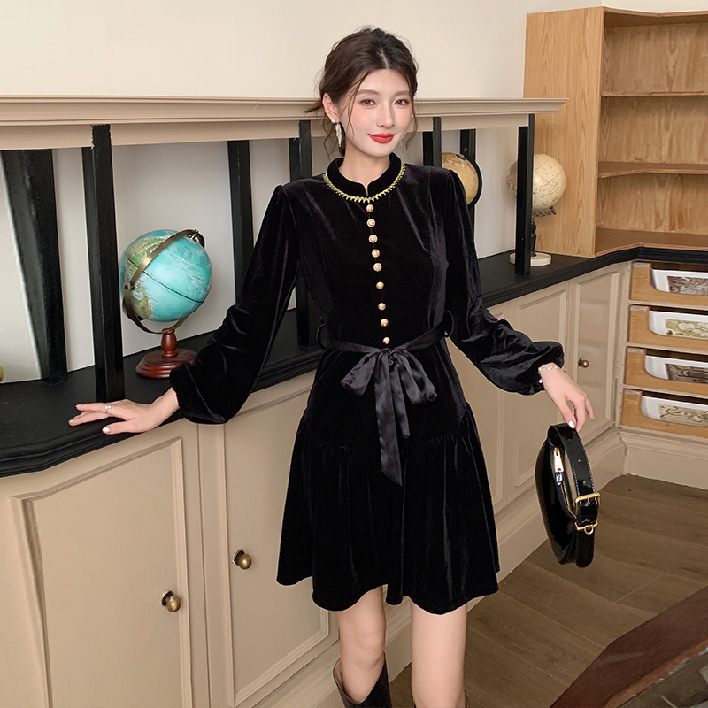 MY16845# 新款赫本风黑色丝绒长袖连衣裙女裝貨源服裝批發