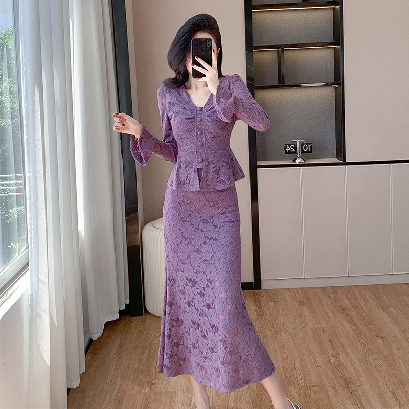 MY16844# V领喇叭袖时尚上衣鱼尾半身裙时髦两件套套装女裝貨源服裝批發